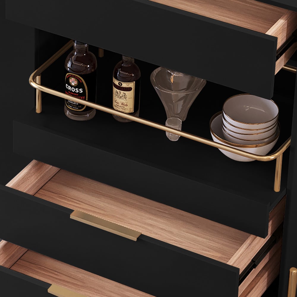 HMR Dolawn Series 55.1" Modern Wood Sideboard Buffet Tempered Glass Doors with Shelf Tray Wine Rack - Black