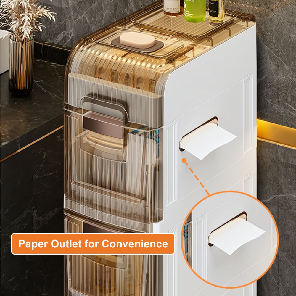 HMR - Bathroom Slim Storage Cabinet Narrow Freestanding with Toilet Paper Holder & 3 Drawers