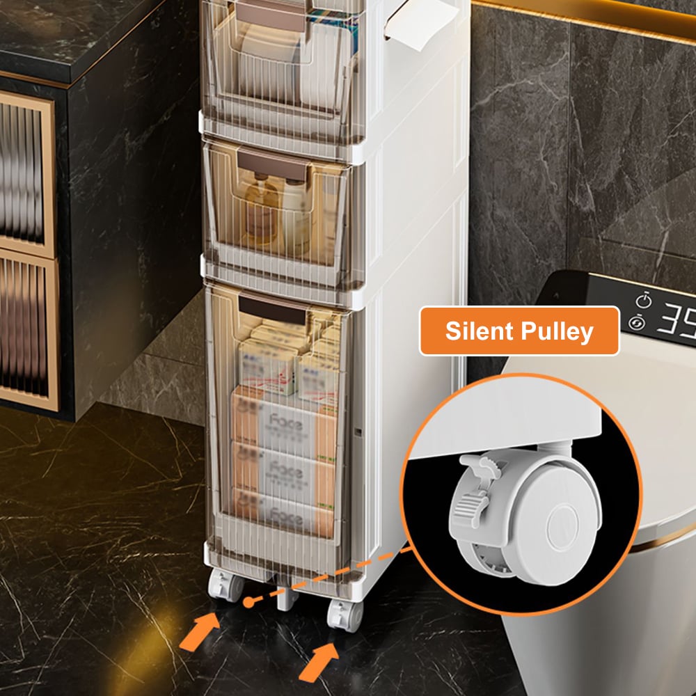 HMR - Bathroom Slim Storage Cabinet Narrow Freestanding with Toilet Paper Holder & 3 Drawers