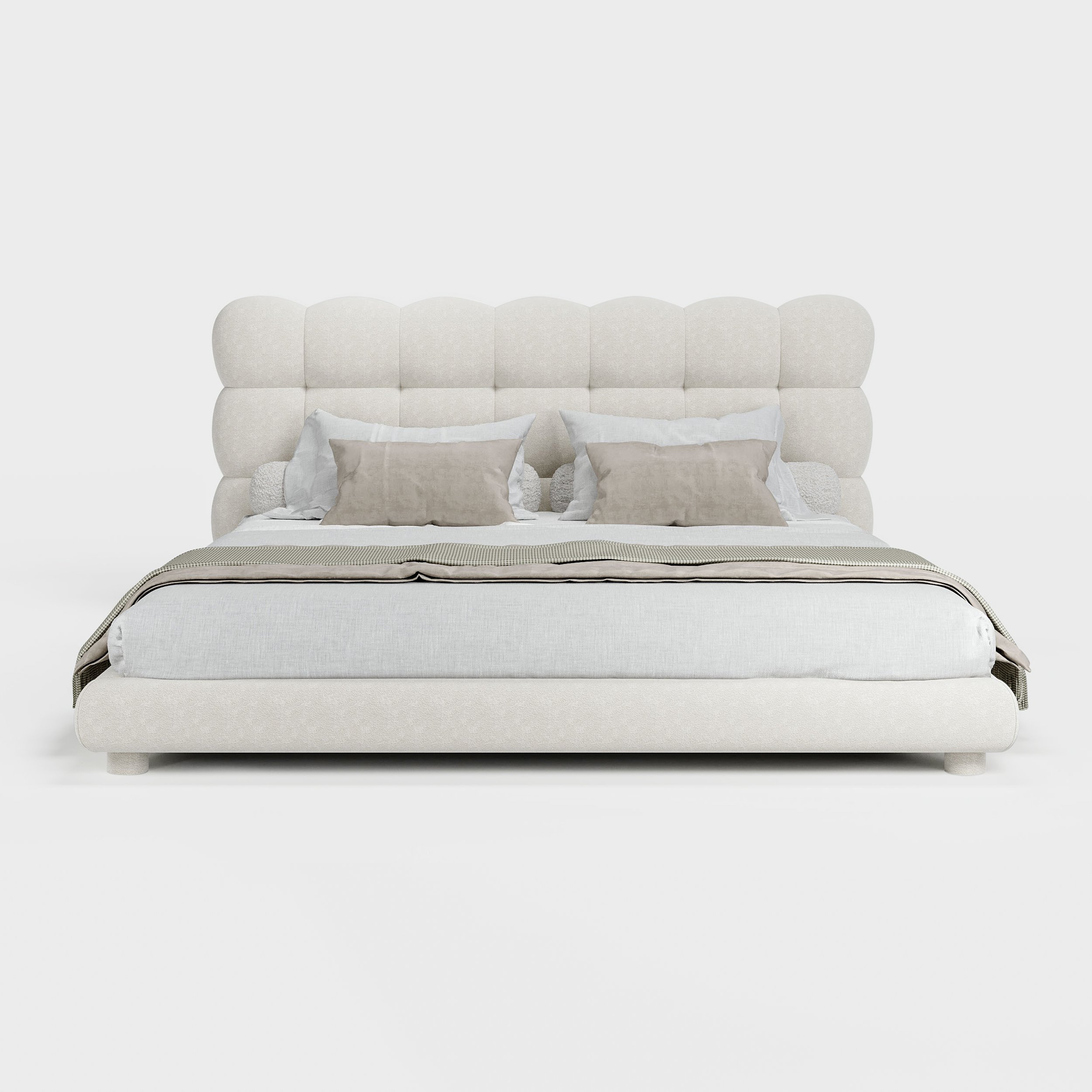 HMR - White Boucle Upholstered Platform Bubble King Bed Frame & 2 Smart Nightstands Set