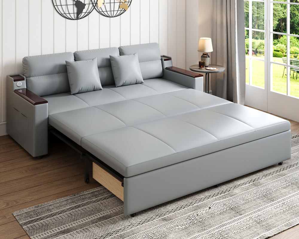 HMR 83" King 3-Seater Sleeper Sofa with Trundle & USB Port - Light Gray, Leath-Aire