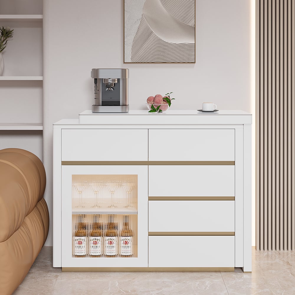 HMR - 45"-71" Extendable Sofa Bar Table Sintered Stone White Cabinet Behind Couch Pub Table