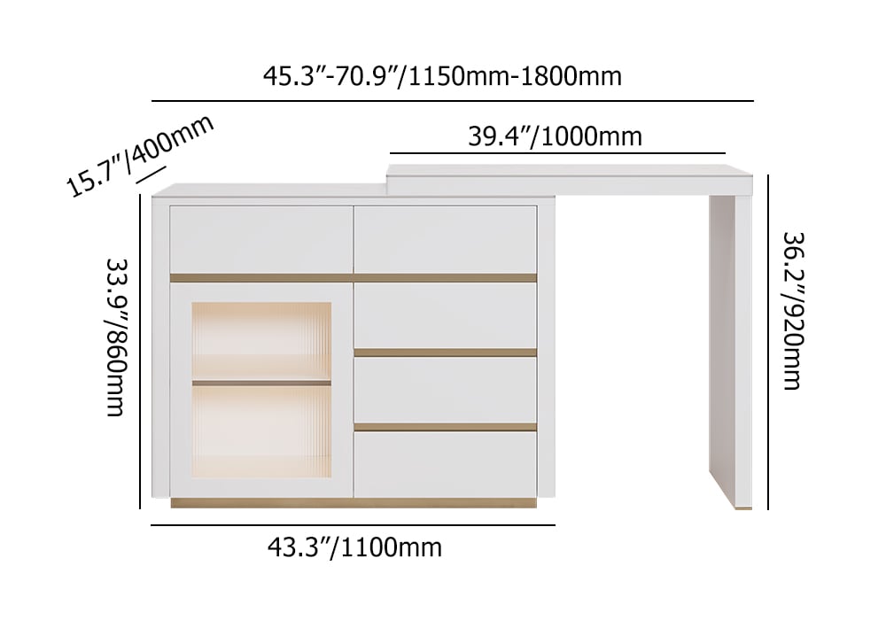HMR - 45"-71" Extendable Sofa Bar Table Sintered Stone White Cabinet Behind Couch Pub Table