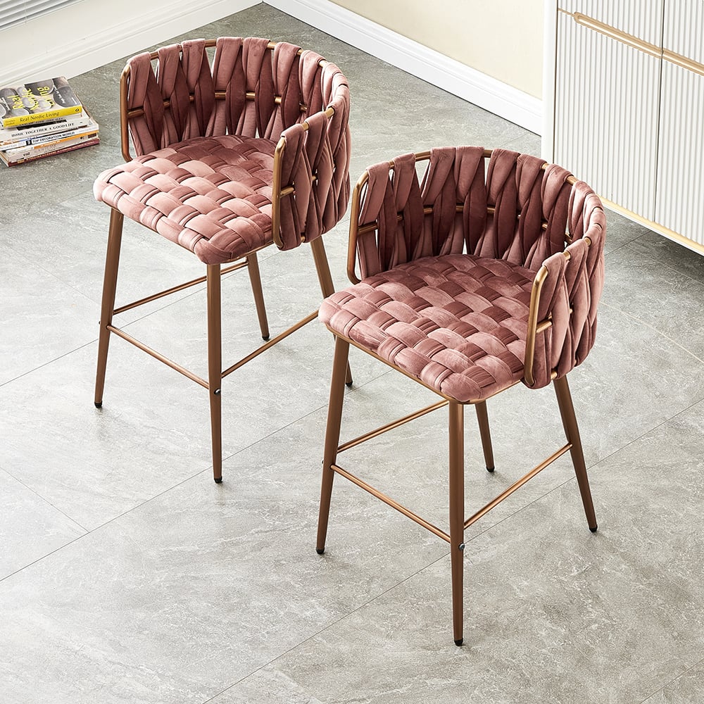 HMR - Modern Pink Velvet Counter Stools Set of 2 with Back & Footrest & Gold Frame