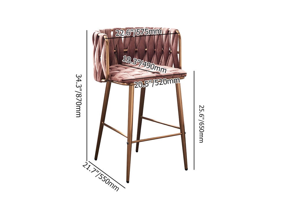 HMR - Modern Pink Velvet Counter Stools Set of 2 with Back & Footrest & Gold Frame
