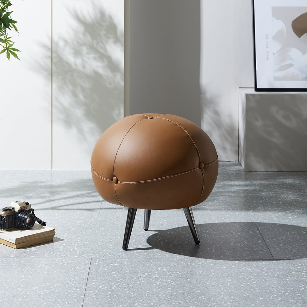 HMR - 17.7" Dia Modern Round Buttoned Faux Leather Pouf Ottoman Upholstered Footstool in Brown