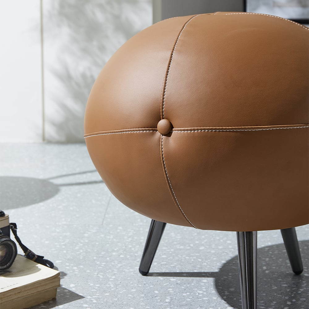 HMR - 17.7" Dia Modern Round Buttoned Faux Leather Pouf Ottoman Upholstered Footstool in Brown