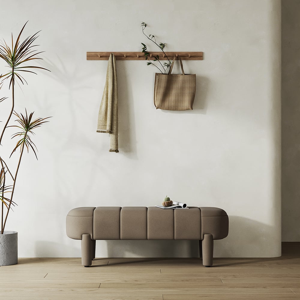 HMR - Modern Line Tufted Entryway Bench Coffee Velvet Upholstered Bench with 4 Legs