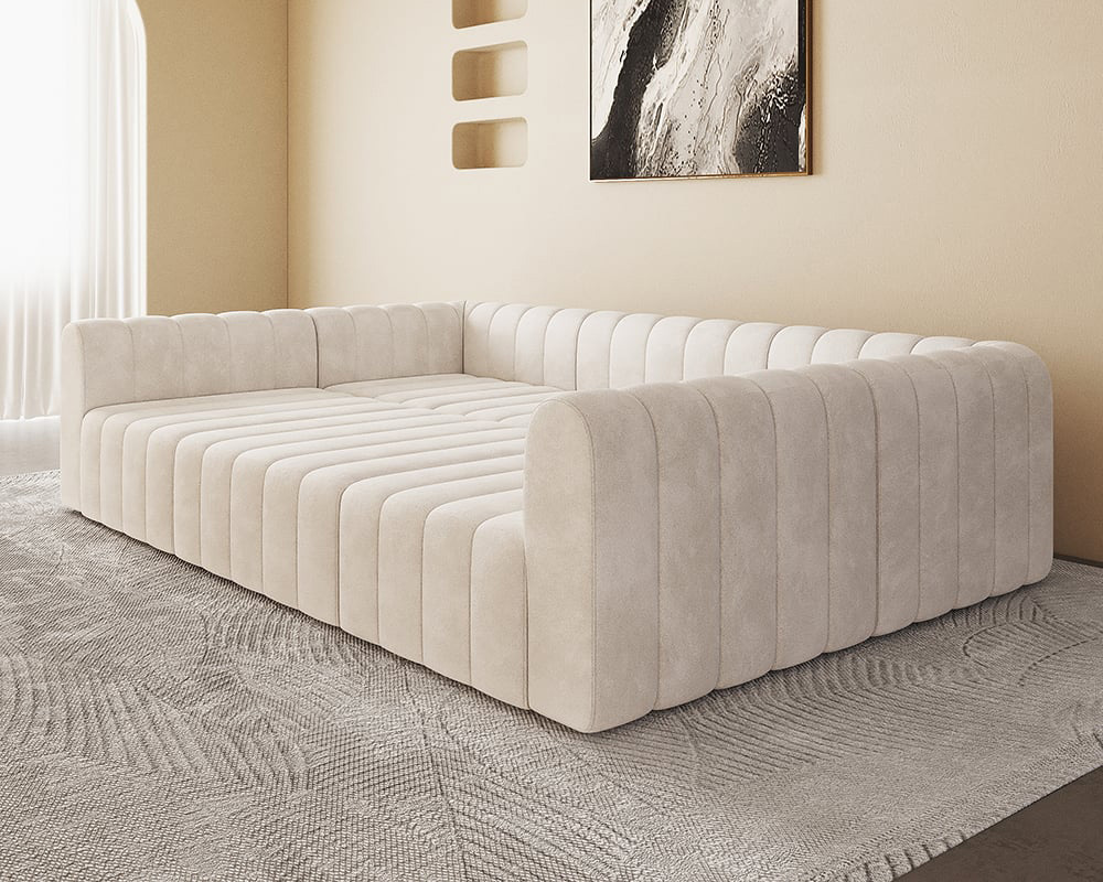 HMR 118.9" Modular Pit Sectional Sofa Set Convertible 6-Seater - Off White, Velvet