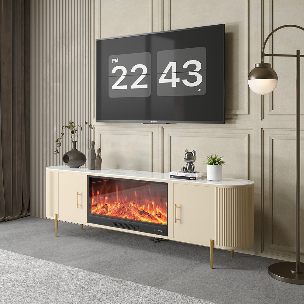 HMR - 78.7" Modern Electric Fireplace TV Stand Sintered Stone Top with Remote Control