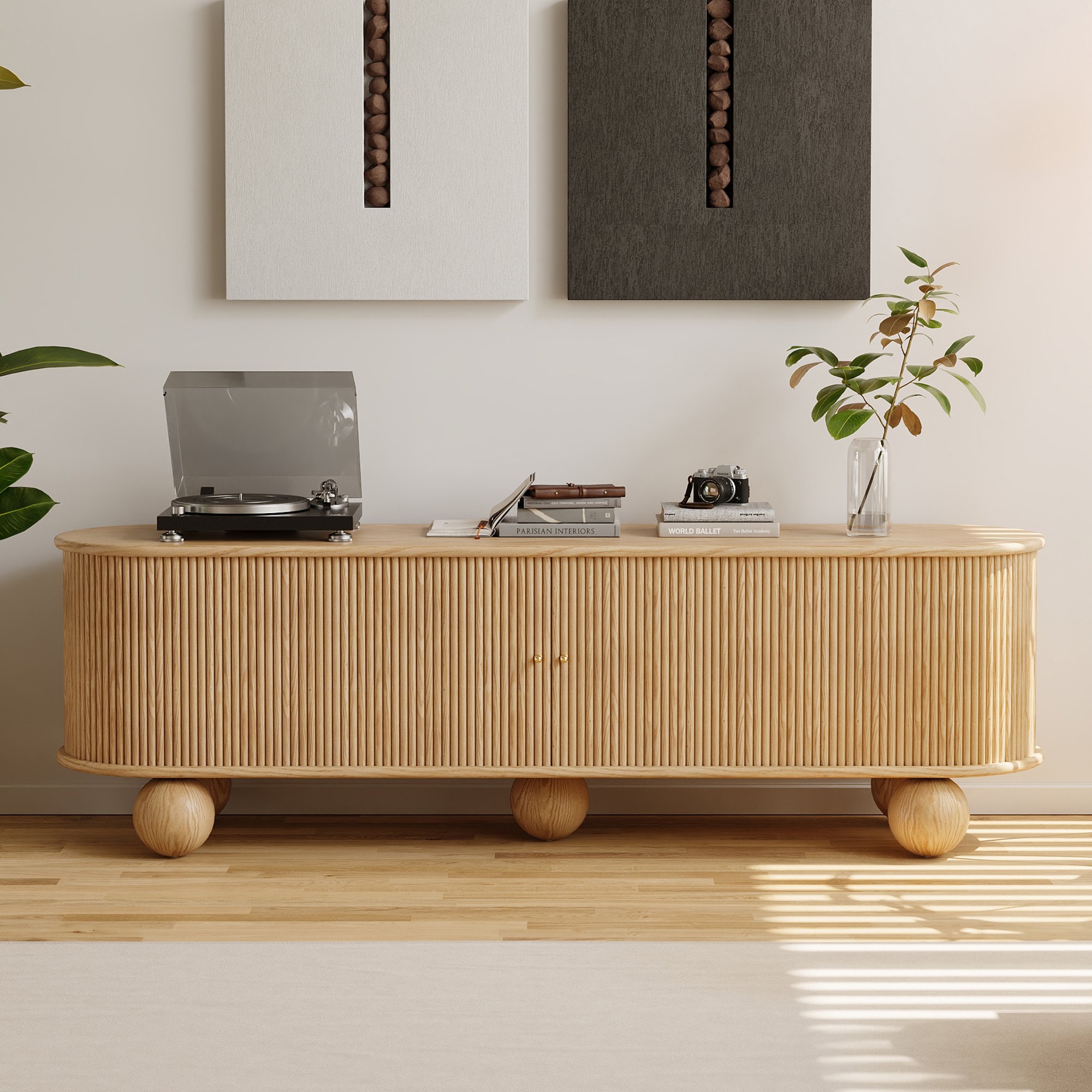 HMR - Stria 71" Oval Ash Wood Fluted TV Stand with Storage