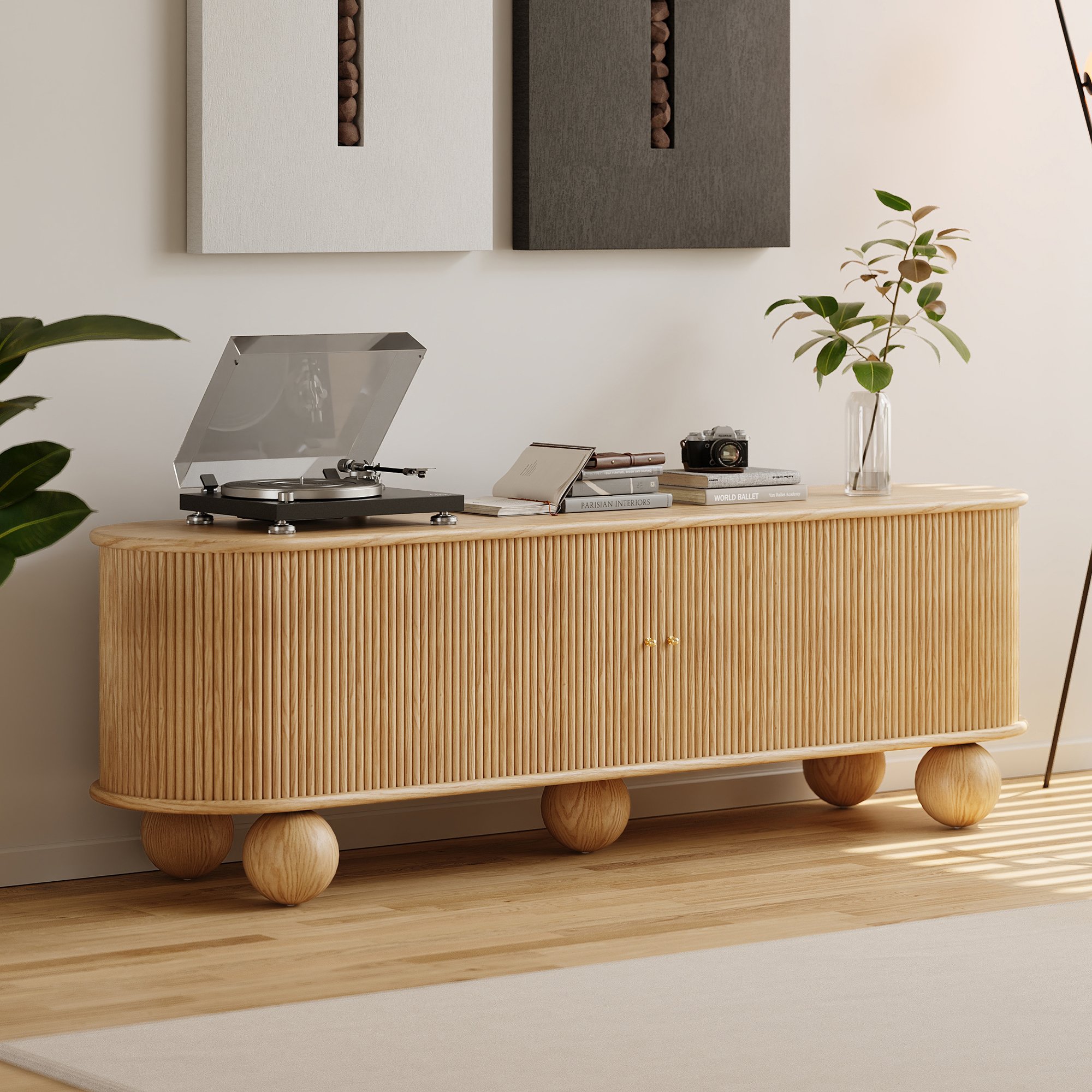 HMR - Stria 71" Oval Ash Wood Fluted TV Stand with Storage
