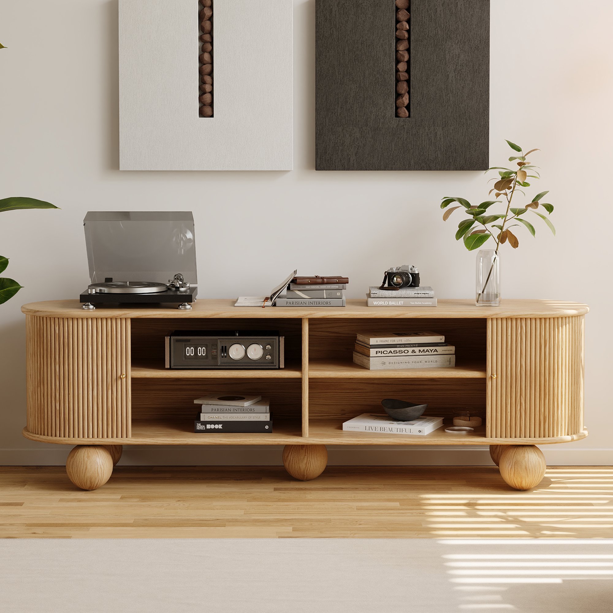 HMR - Stria 71" Oval Ash Wood Fluted TV Stand with Storage