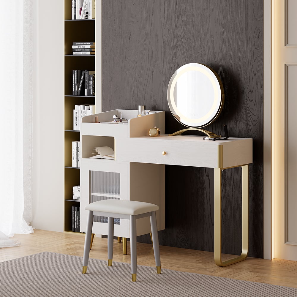 HMR - Modern White Retractable Makeup Vanity Set with Side Cabinet Dressing Table with Light