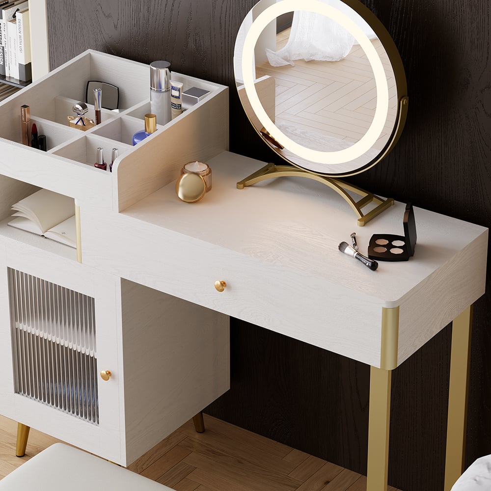 HMR - Modern White Retractable Makeup Vanity Set with Side Cabinet Dressing Table with Light