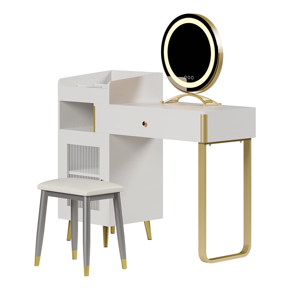 HMR - Modern White Retractable Makeup Vanity Set with Side Cabinet Dressing Table with Light
