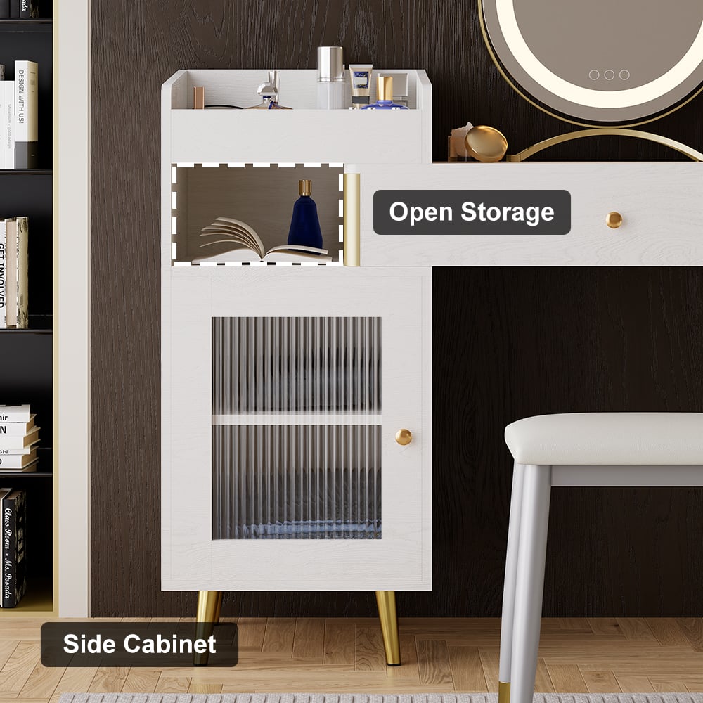 HMR - Modern White Retractable Makeup Vanity Set with Side Cabinet Dressing Table with Light