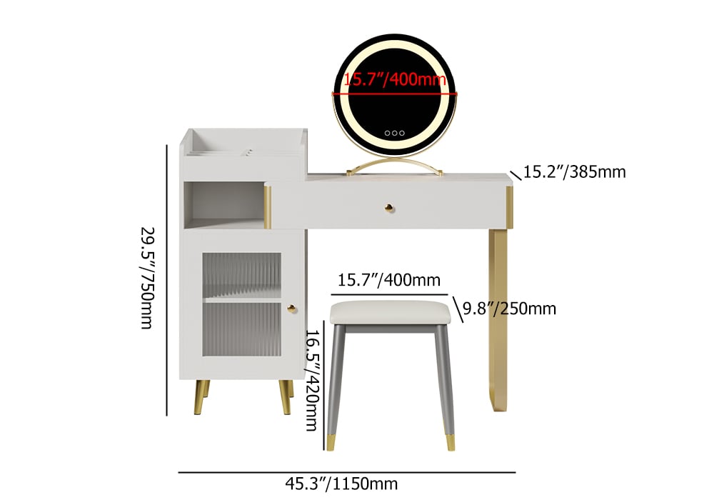 HMR - Modern White Retractable Makeup Vanity Set with Side Cabinet Dressing Table with Light
