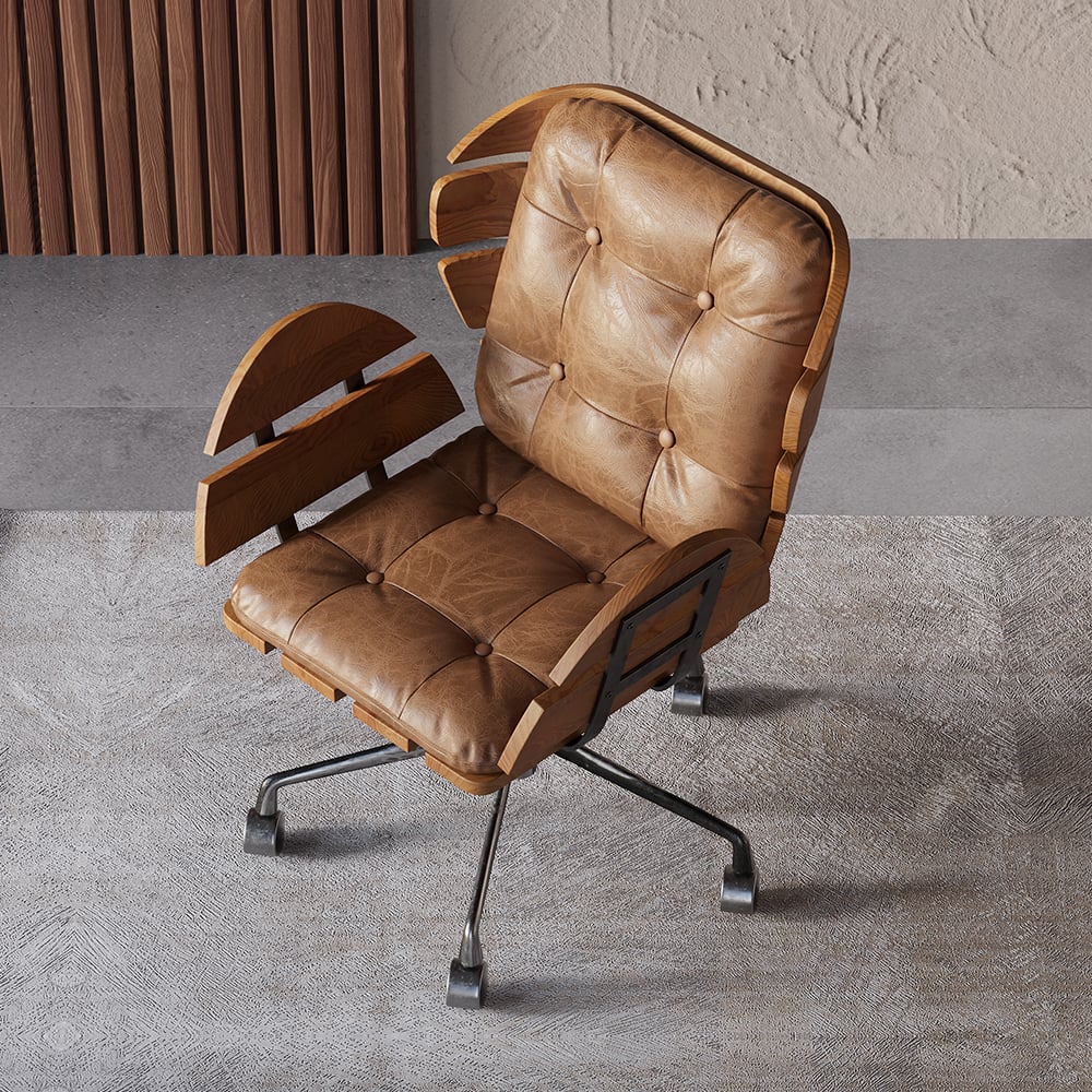 HMR - Brown Industrial Swivel Office Chair Leather Upholstered Task Chair Adjustable Height
