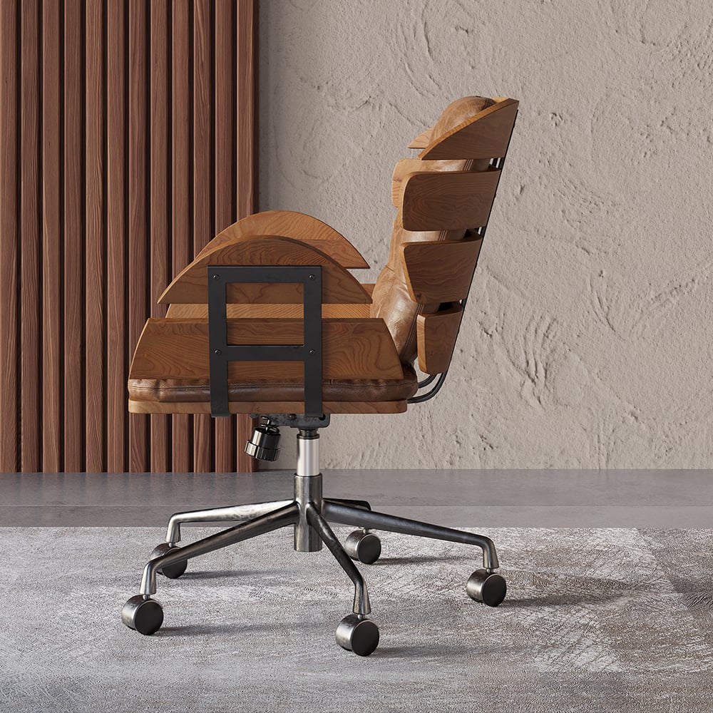 HMR - Brown Industrial Swivel Office Chair Leather Upholstered Task Chair Adjustable Height