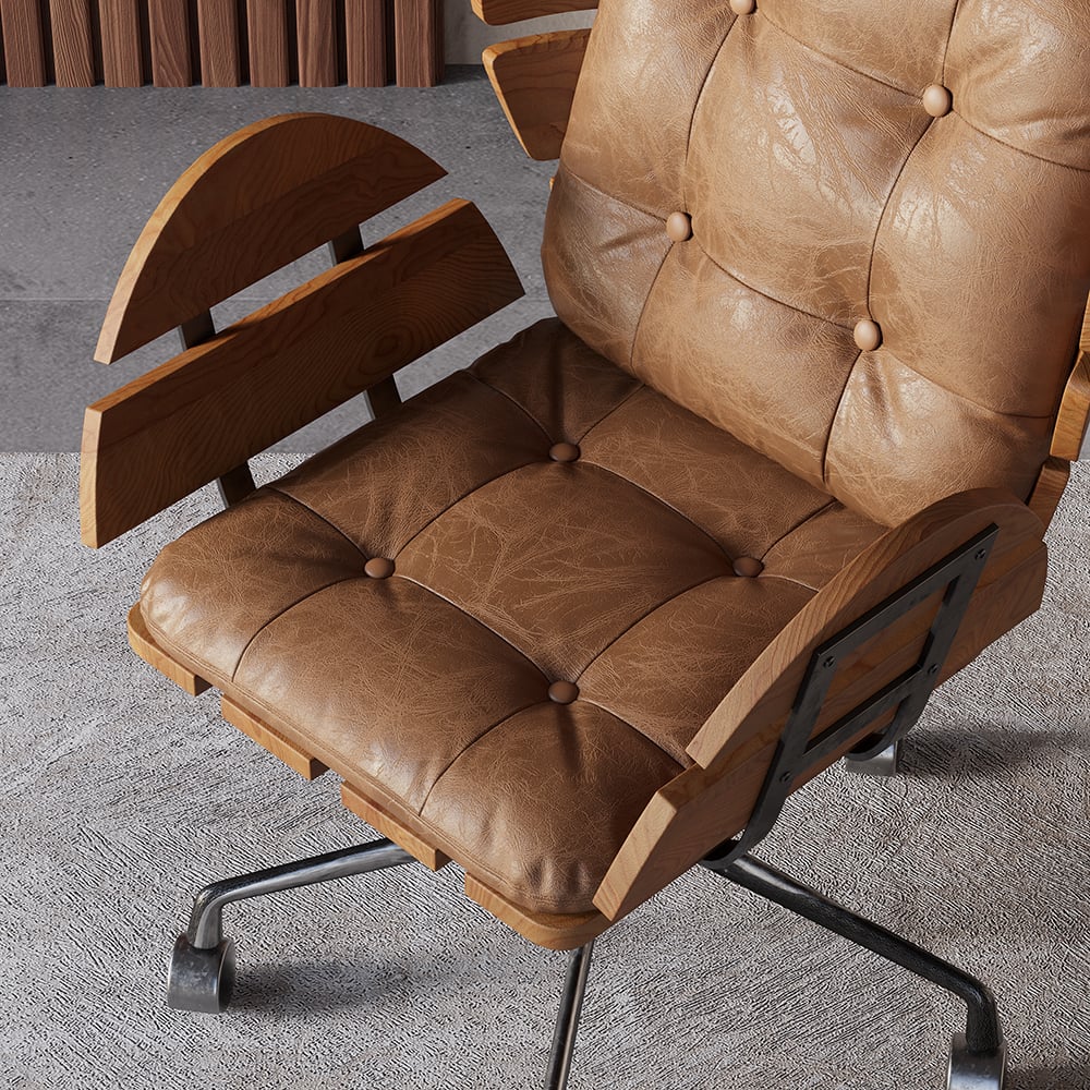 HMR - Brown Industrial Swivel Office Chair Leather Upholstered Task Chair Adjustable Height