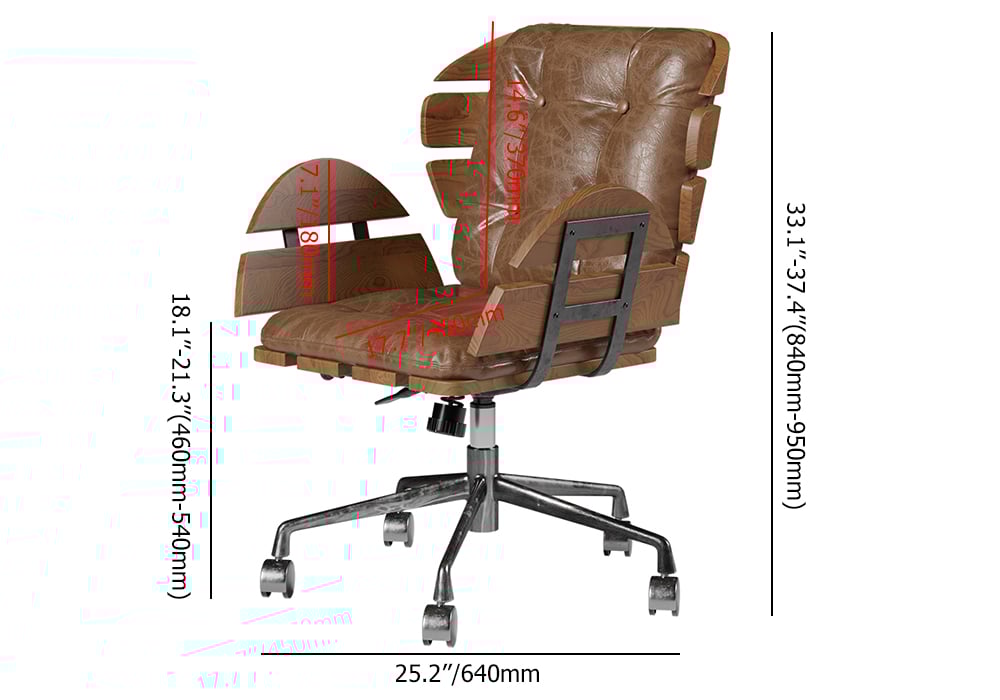 HMR - Brown Industrial Swivel Office Chair Leather Upholstered Task Chair Adjustable Height