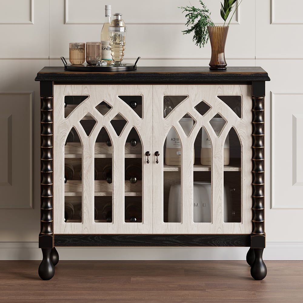 HMR - Traditional Black Bar Wine Rack Cabinet with Wine Holder Wood Home Bar Cabinet