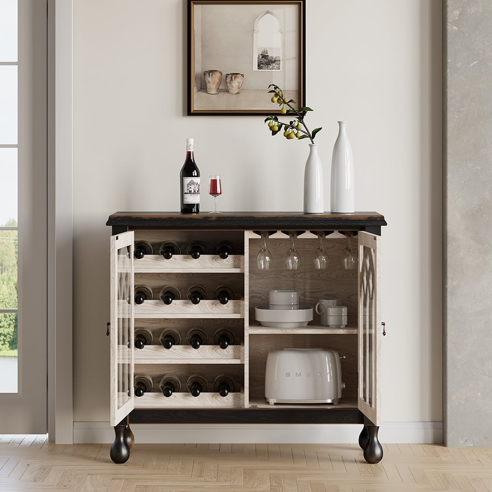 HMR - Traditional Black Bar Wine Rack Cabinet with Wine Holder Wood Home Bar Cabinet