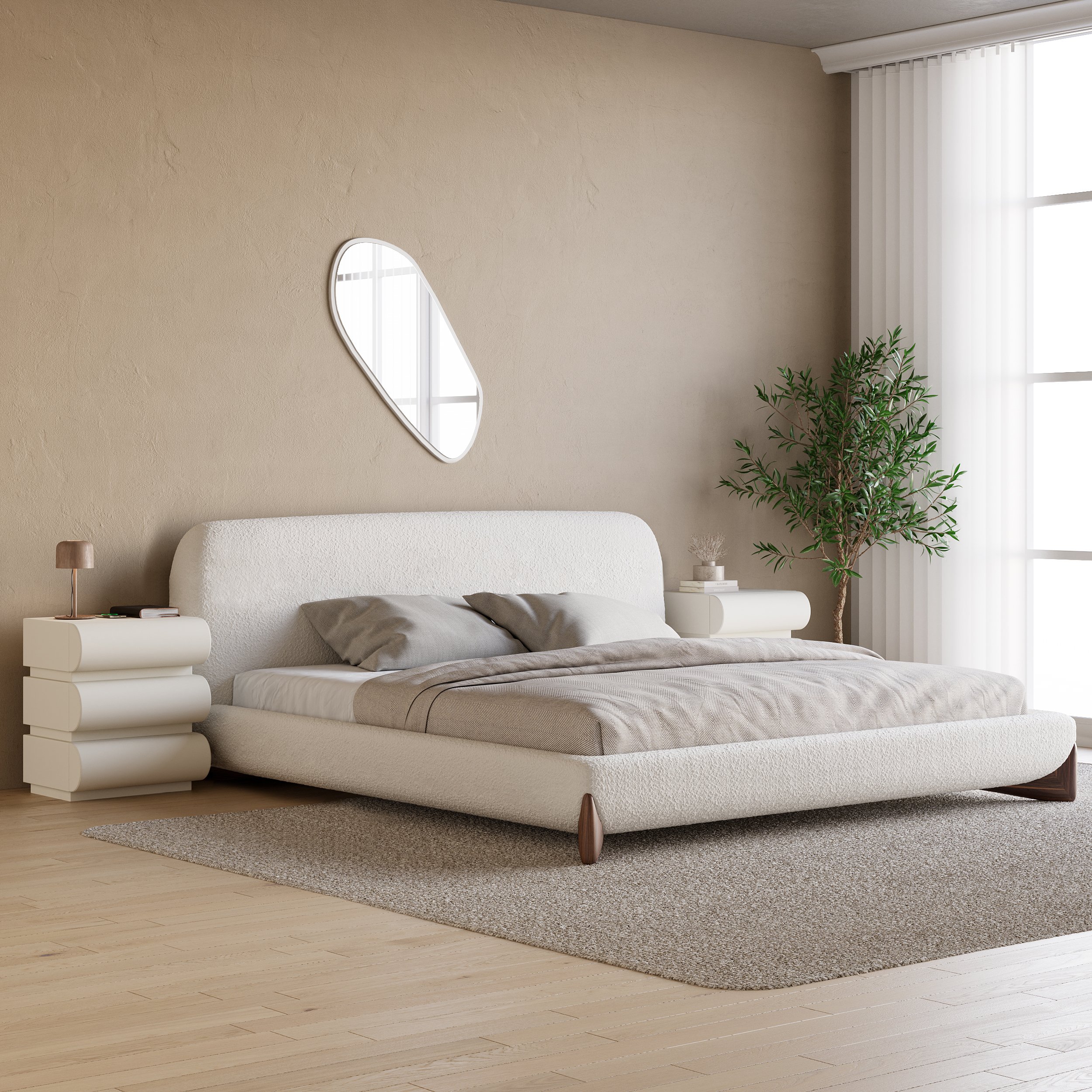 HMR Modern White Boucle Platform Bed & 2 Smart Boucle Nightstand Style A - White, Queen, 3 Drawers