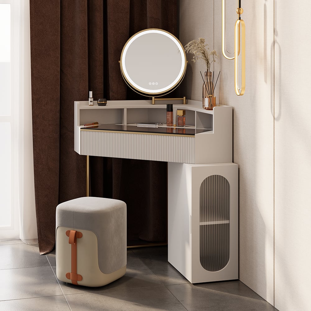 HMR - Modern White Corner Makeup Vanity Set with Acrylic Top & Mirror & Stool & Cabinet