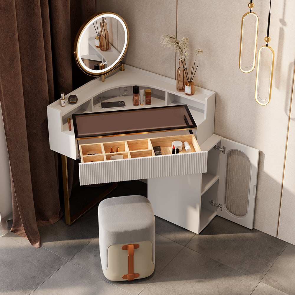 HMR - Modern White Corner Makeup Vanity Set with Acrylic Top & Mirror & Stool & Cabinet