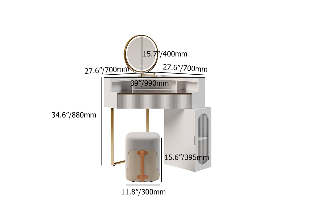 HMR - Modern White Corner Makeup Vanity Set with Acrylic Top & Mirror & Stool & Cabinet