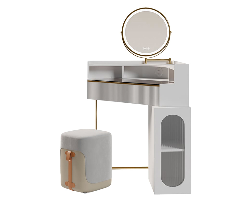HMR - Modern White Corner Makeup Vanity Set with Acrylic Top & Mirror & Stool & Cabinet