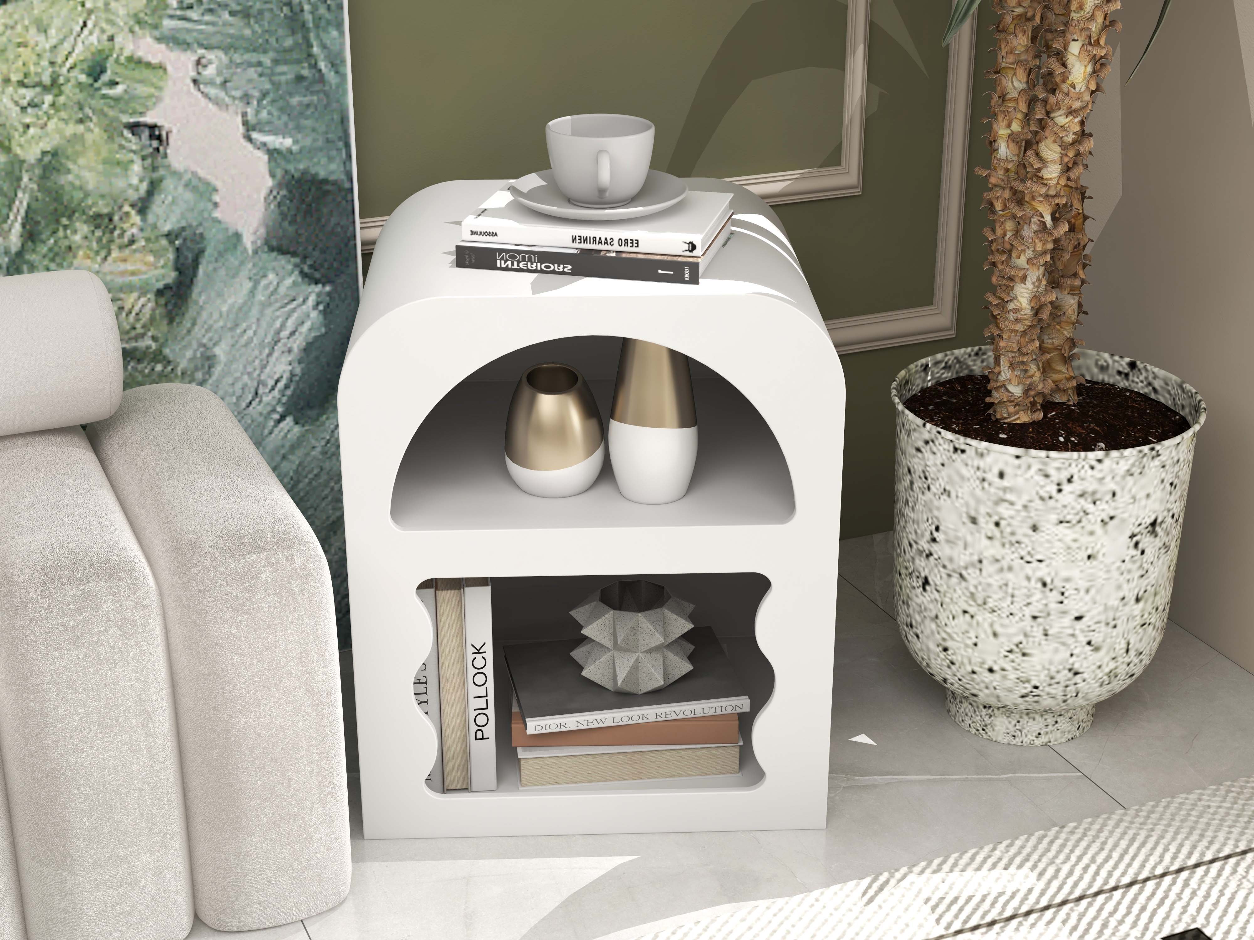 HMR - Codiys Art Deco White Nightstand with Open Storage Bedside Table with Shelves