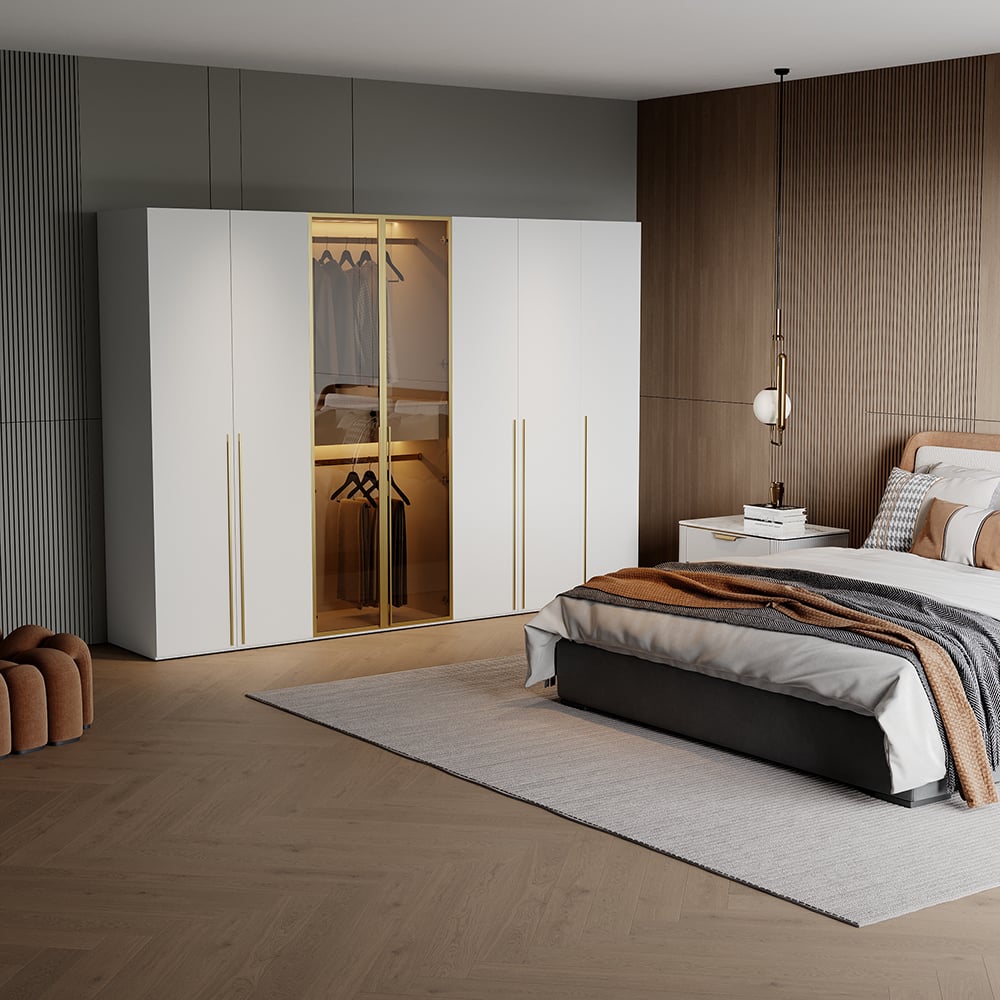 HMR - White & Gold Modern Extra Wide Wardrobe with Clear Glass Door Storage with Sensor Light