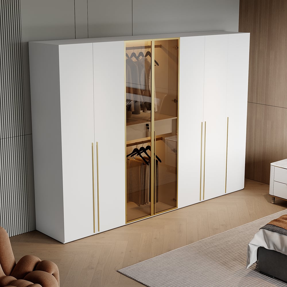 HMR - White & Gold Modern Extra Wide Wardrobe with Clear Glass Door Storage with Sensor Light