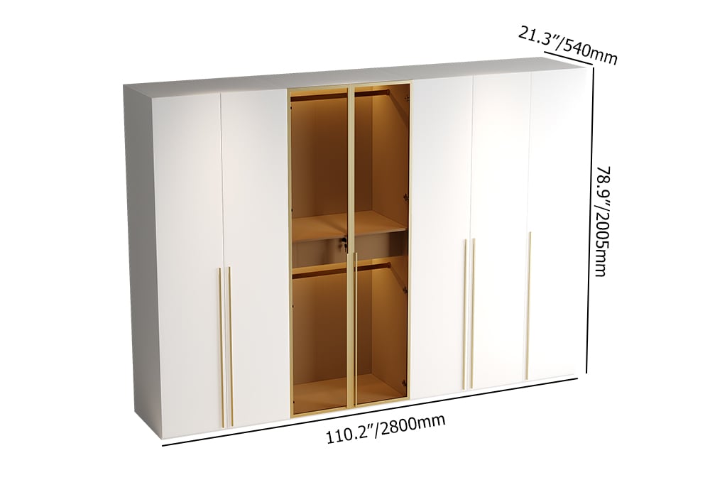 HMR - White & Gold Modern Extra Wide Wardrobe with Clear Glass Door Storage with Sensor Light