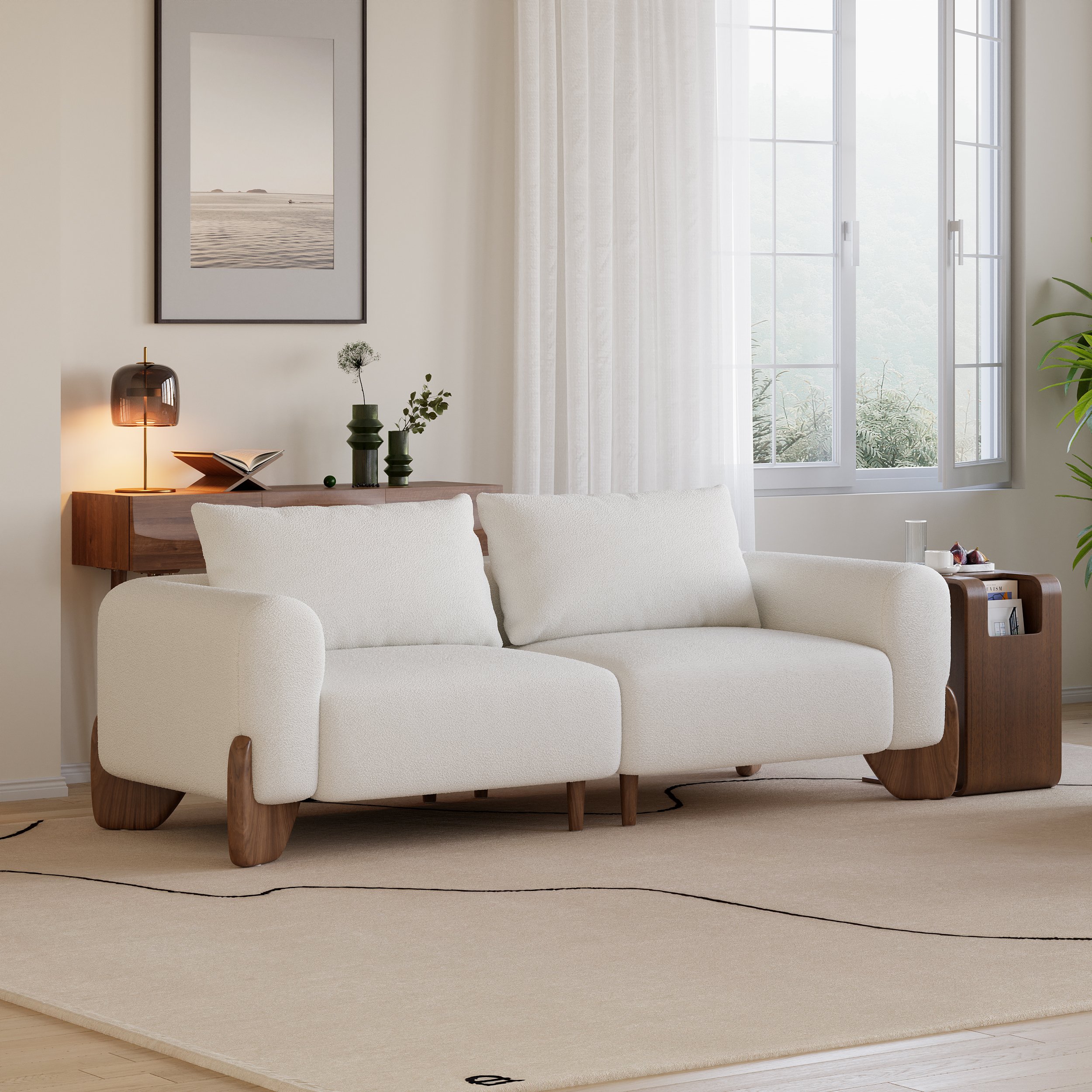 HMR - Curva 78" White Boucle Upholstered Wood Legs 2-Seat Sofa