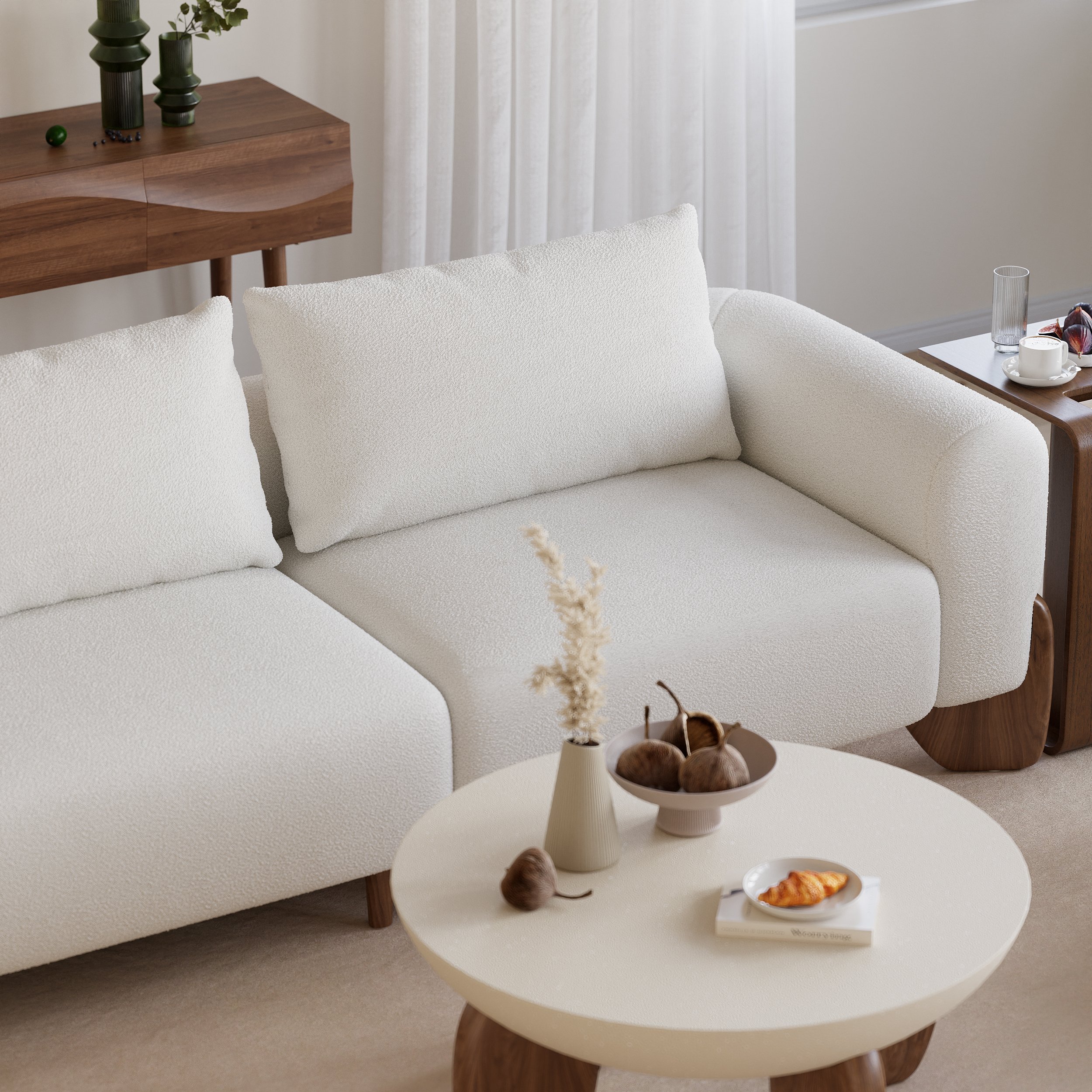 HMR - Curva 78" White Boucle Upholstered Wood Legs 2-Seat Sofa