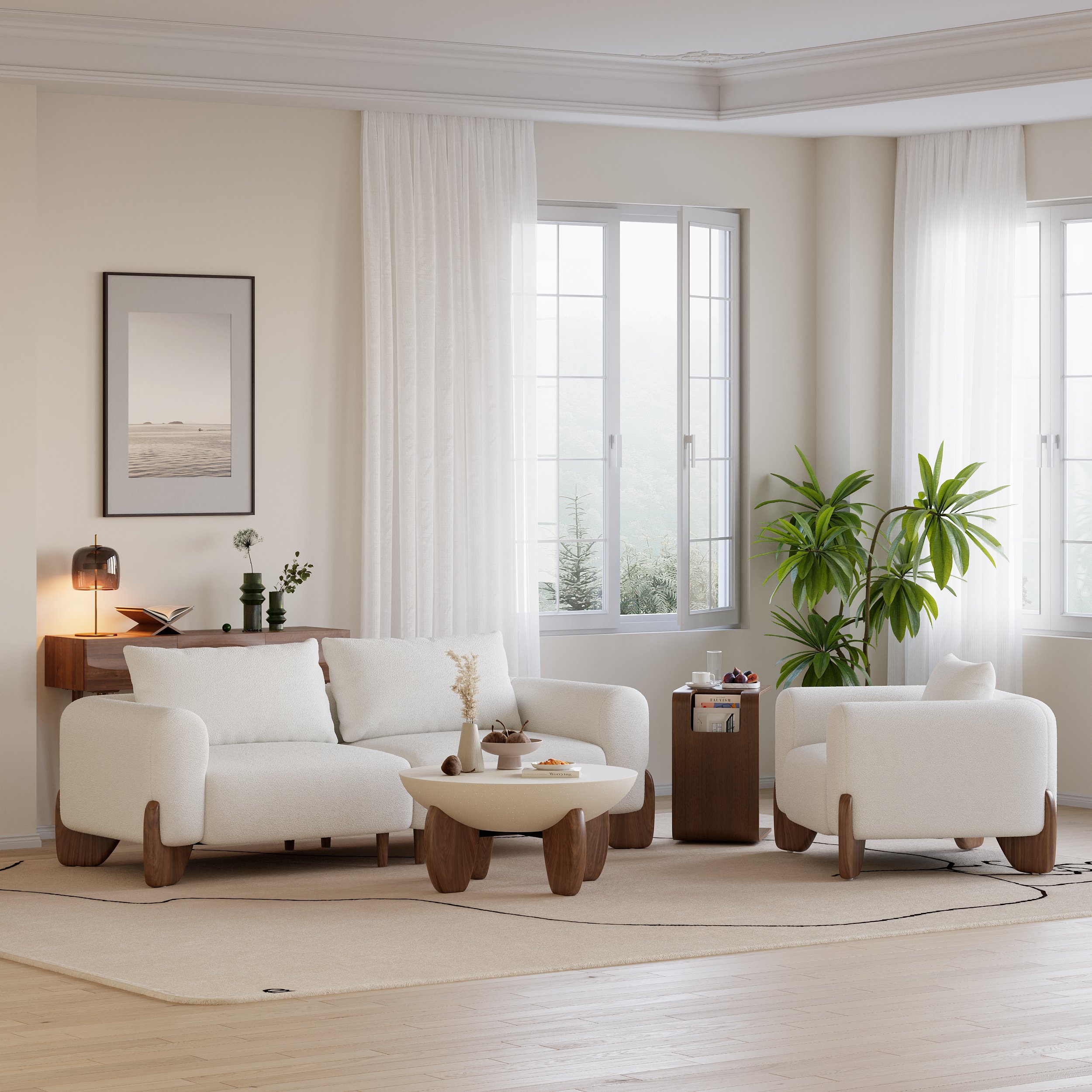 HMR - Curva 78" White Boucle Upholstered Wood Legs 2-Seat Sofa