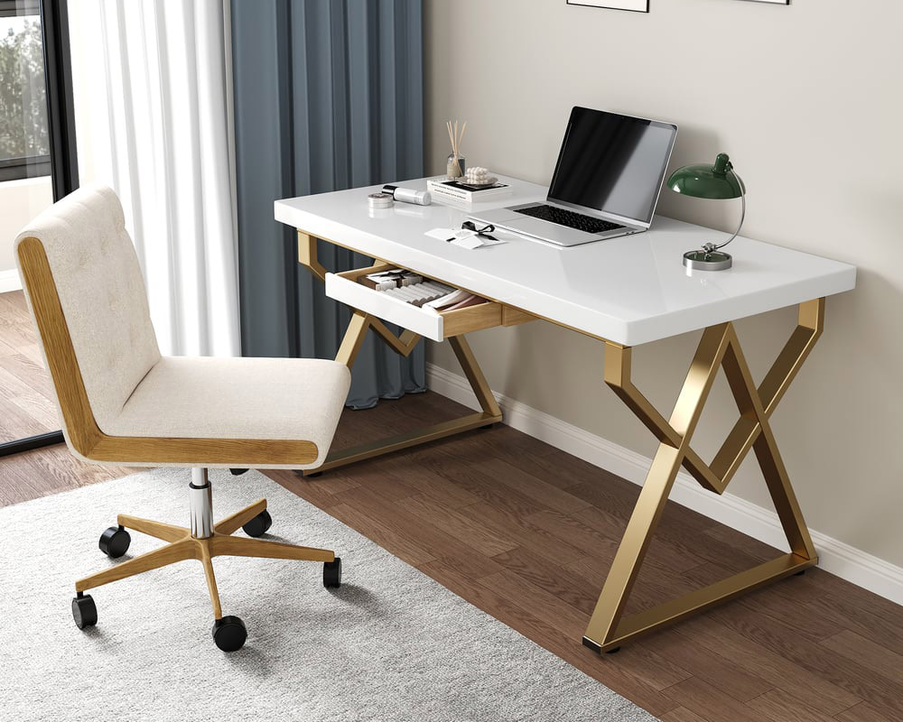 HMR - 47" Modern Rectangular Writing Desk & Swivel Office Chair Set Ergonomic