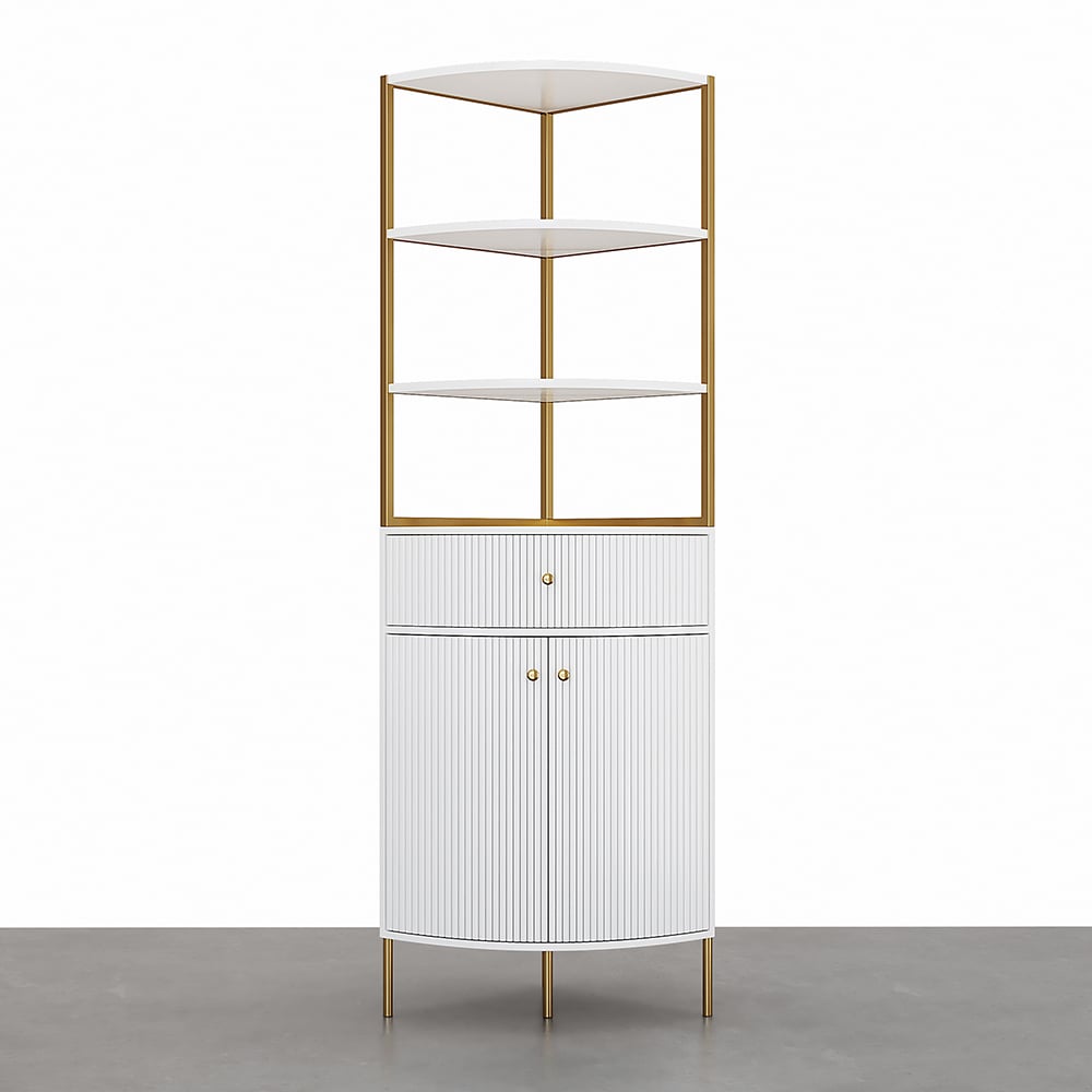 HMR - 74.8" Modern White Etagere Corner Bookshelf 1 Drawer & 2 Doors Wooden Tall Bookcase
