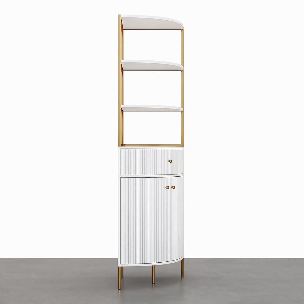 HMR - 74.8" Modern White Etagere Corner Bookshelf 1 Drawer & 2 Doors Wooden Tall Bookcase