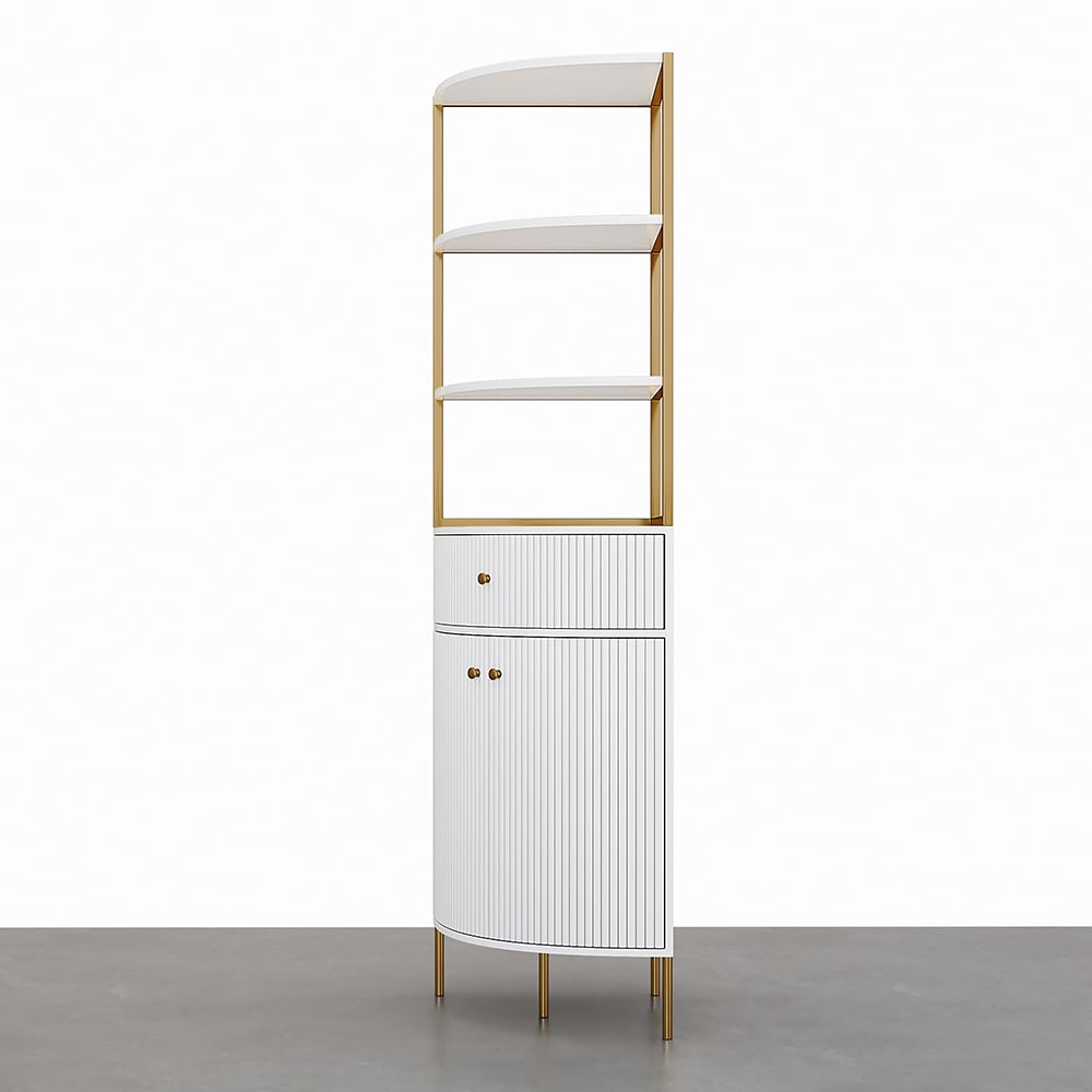 HMR - 74.8" Modern White Etagere Corner Bookshelf 1 Drawer & 2 Doors Wooden Tall Bookcase