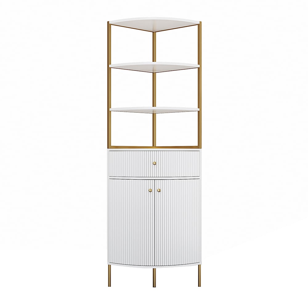 HMR - 74.8" Modern White Etagere Corner Bookshelf 1 Drawer & 2 Doors Wooden Tall Bookcase