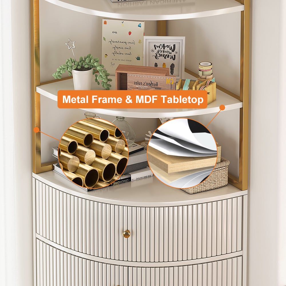 HMR - 74.8" Modern White Etagere Corner Bookshelf 1 Drawer & 2 Doors Wooden Tall Bookcase