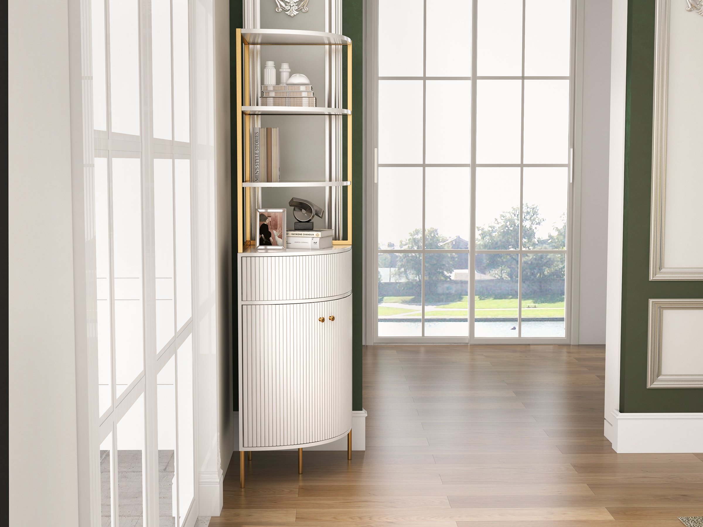 HMR - 74.8" Modern White Etagere Corner Bookshelf 1 Drawer & 2 Doors Wooden Tall Bookcase