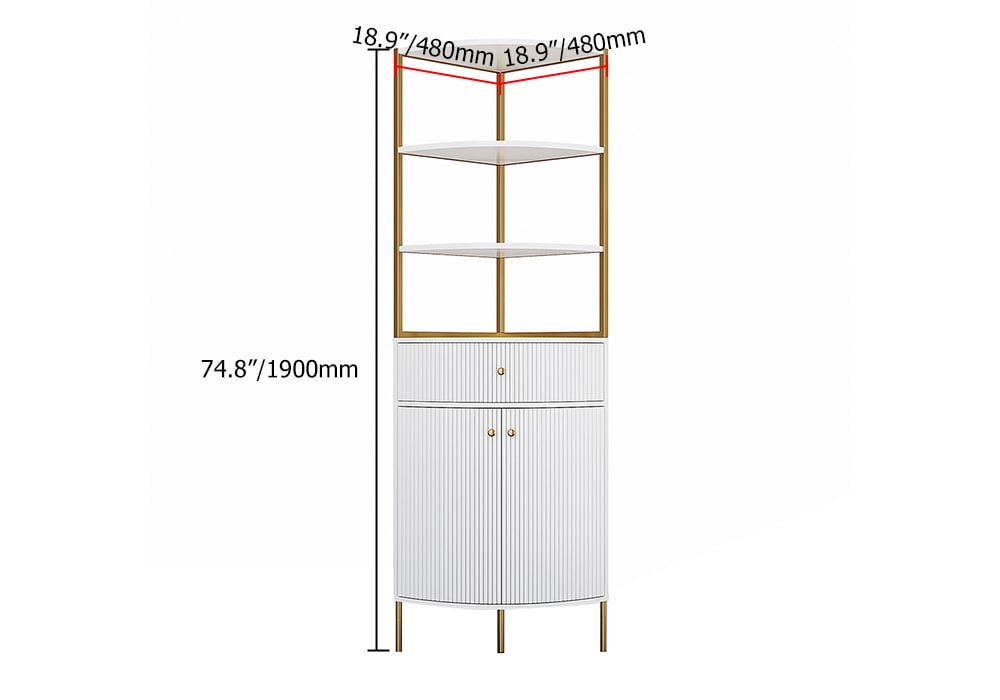 HMR - 74.8" Modern White Etagere Corner Bookshelf 1 Drawer & 2 Doors Wooden Tall Bookcase