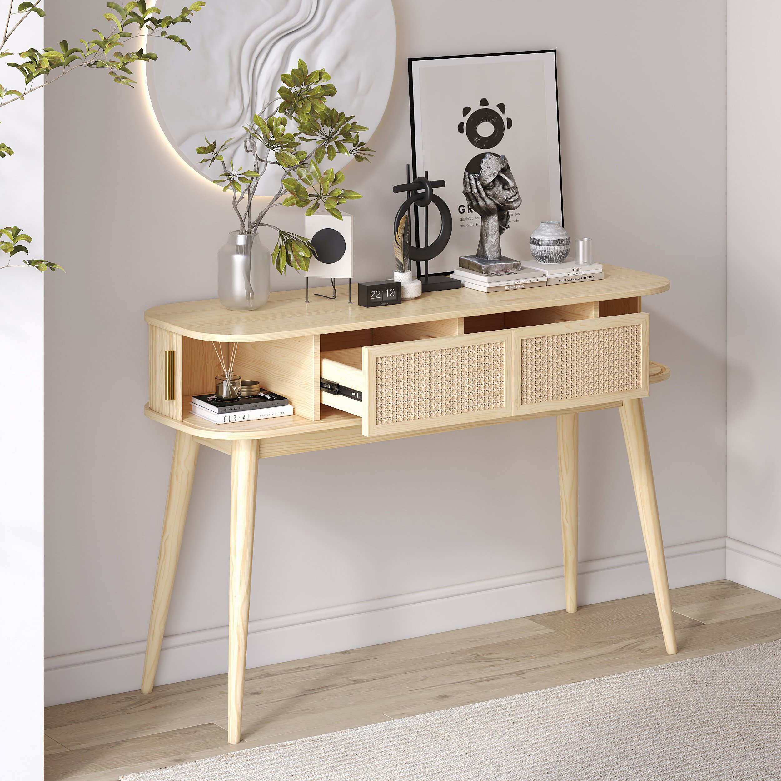 HMR - Natural Wood Console Table with Storage (47.2")