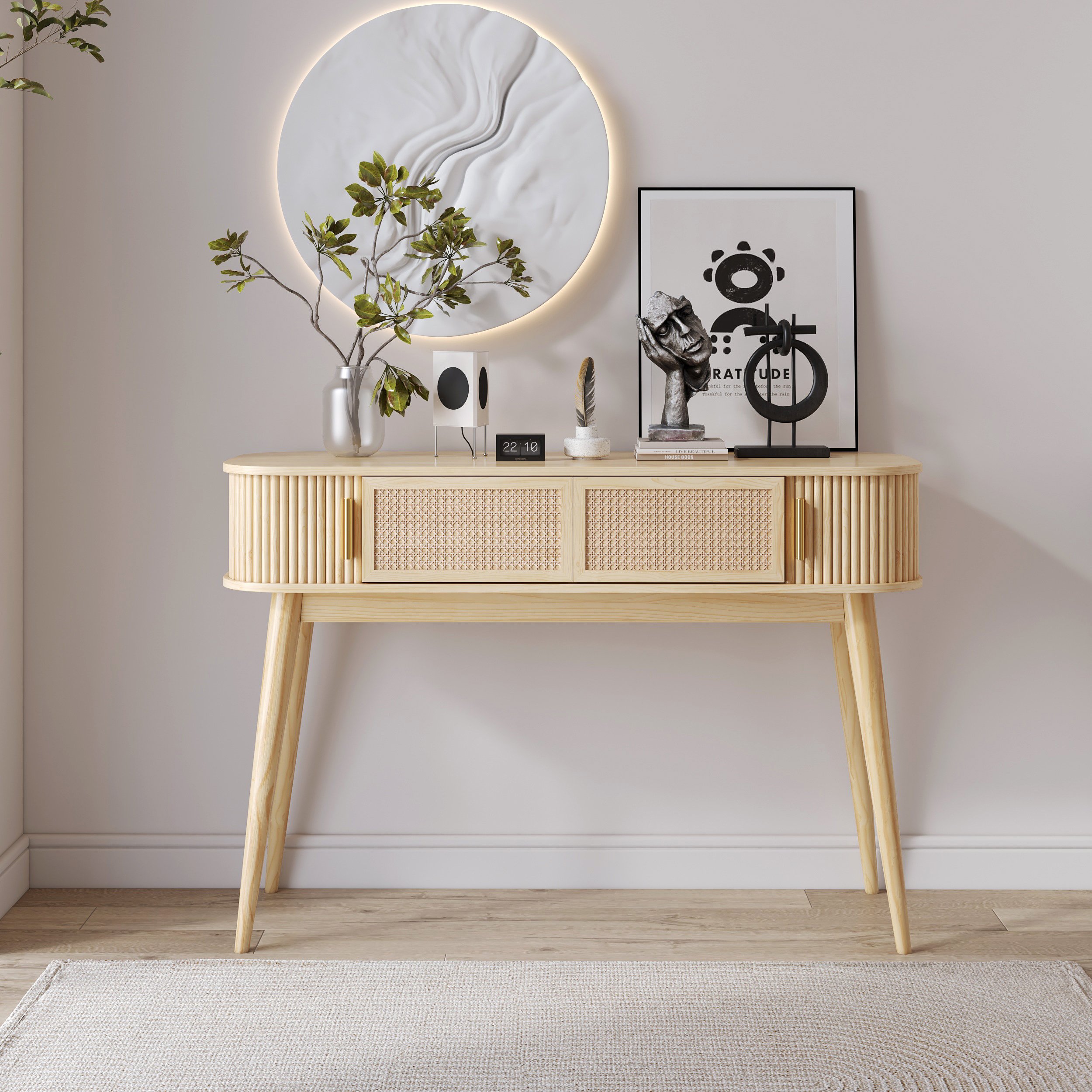 HMR - Natural Wood Console Table with Storage (47.2")